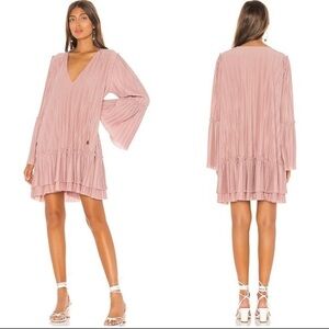 Free People Can't Help It Pleated V Neck Oversized Bell Sleeves Pink Mini Dress
